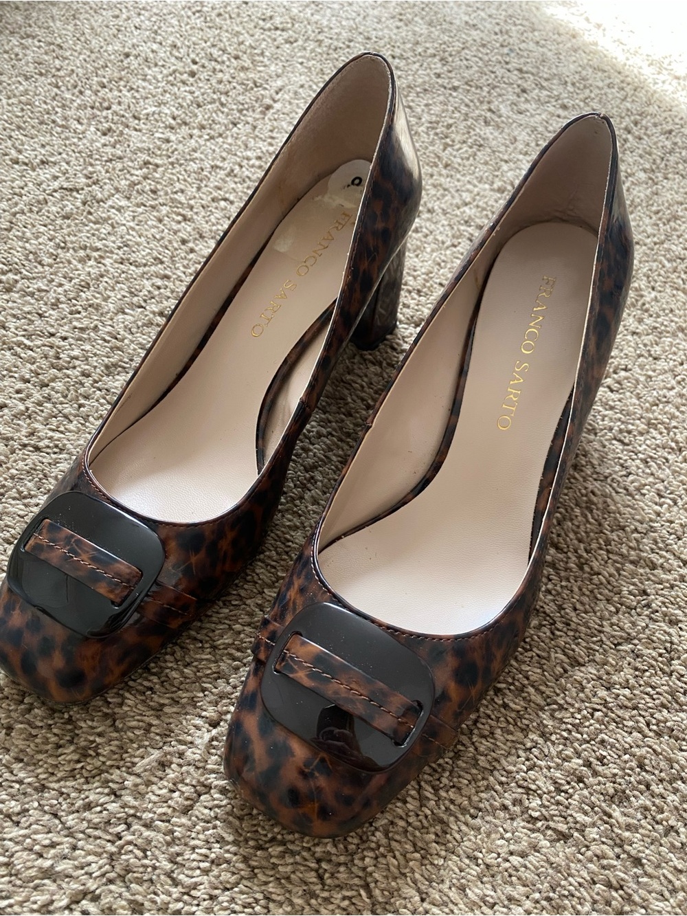 Franco Sarto Leopard Print Brown Block Heel Pumps with Buckle